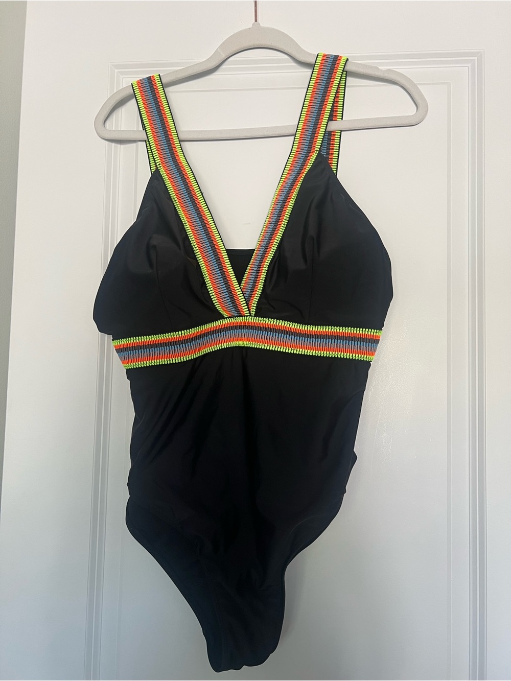 SHEIN Black One-Piece Swimsuit with Neon Rainbow Trim